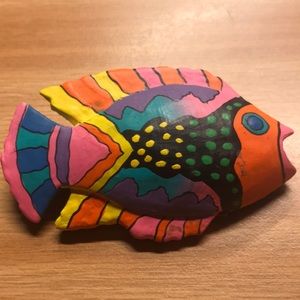 Colourful wooden fish brooch